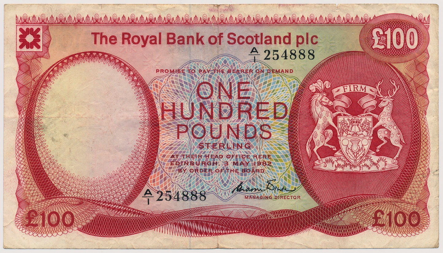 SCOTLAND P.345 SC881 1982 Royal Bank of Scotland First series £100 GF/AVF A/1