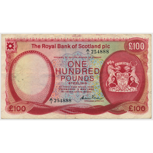 SCOTLAND P.345 SC881 1982 Royal Bank of Scotland First series £100 GF/AVF A/1