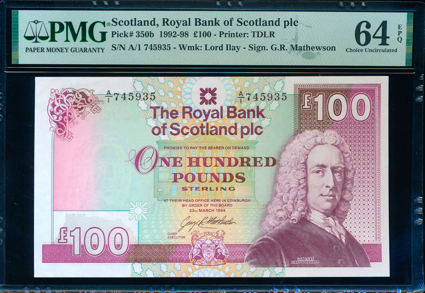 SCOTLAND P.350b SC882b 1994 Royal Bank of Scotland First series £100 A/1 65EPQ CHOICE UNC