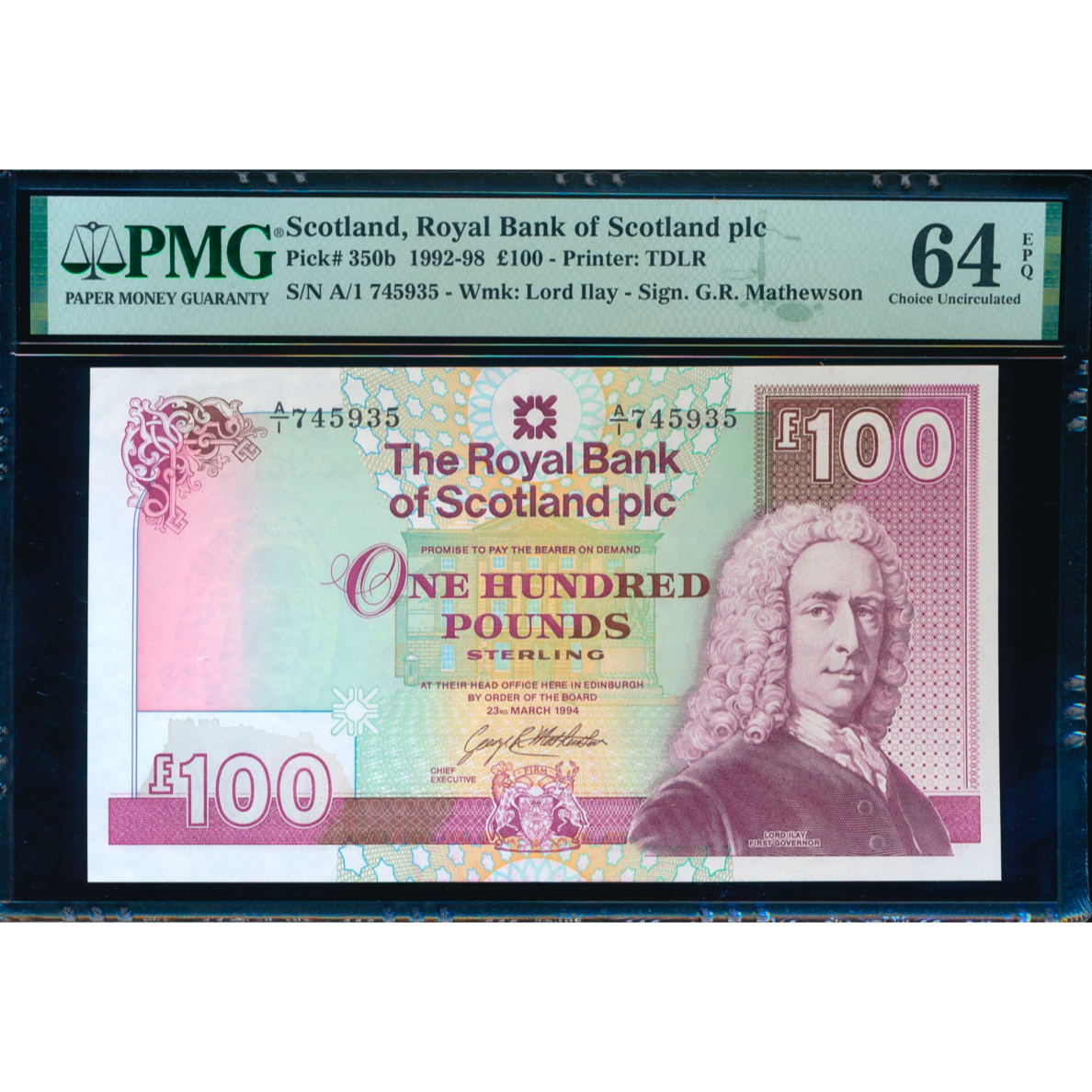 SCOTLAND P.350b SC882b 1994 Royal Bank of Scotland First series £100 A/1 65EPQ CHOICE UNC