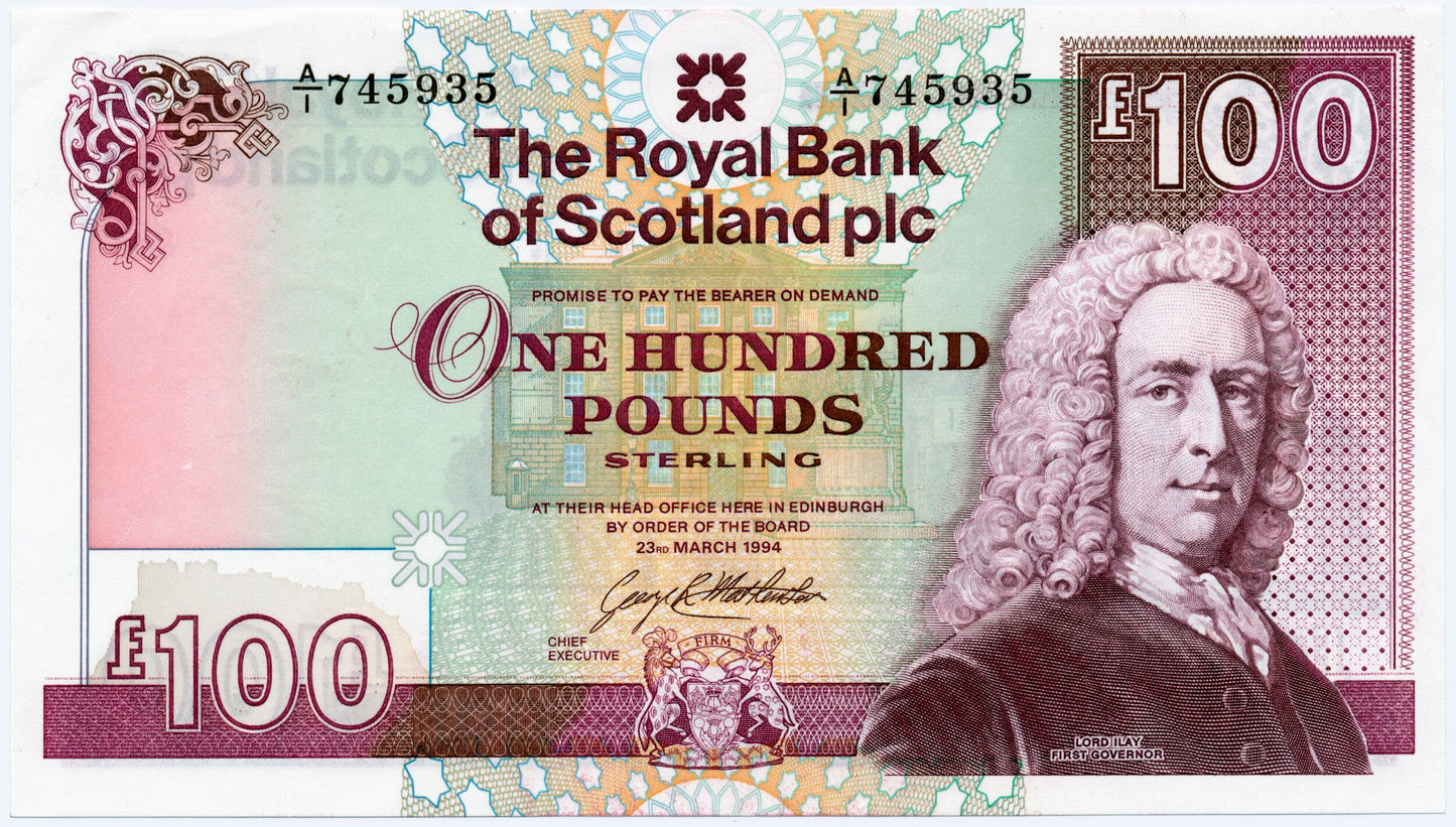 SCOTLAND P.350b SC882b 1994 Royal Bank of Scotland First series £100 A/1 65EPQ CHOICE UNC