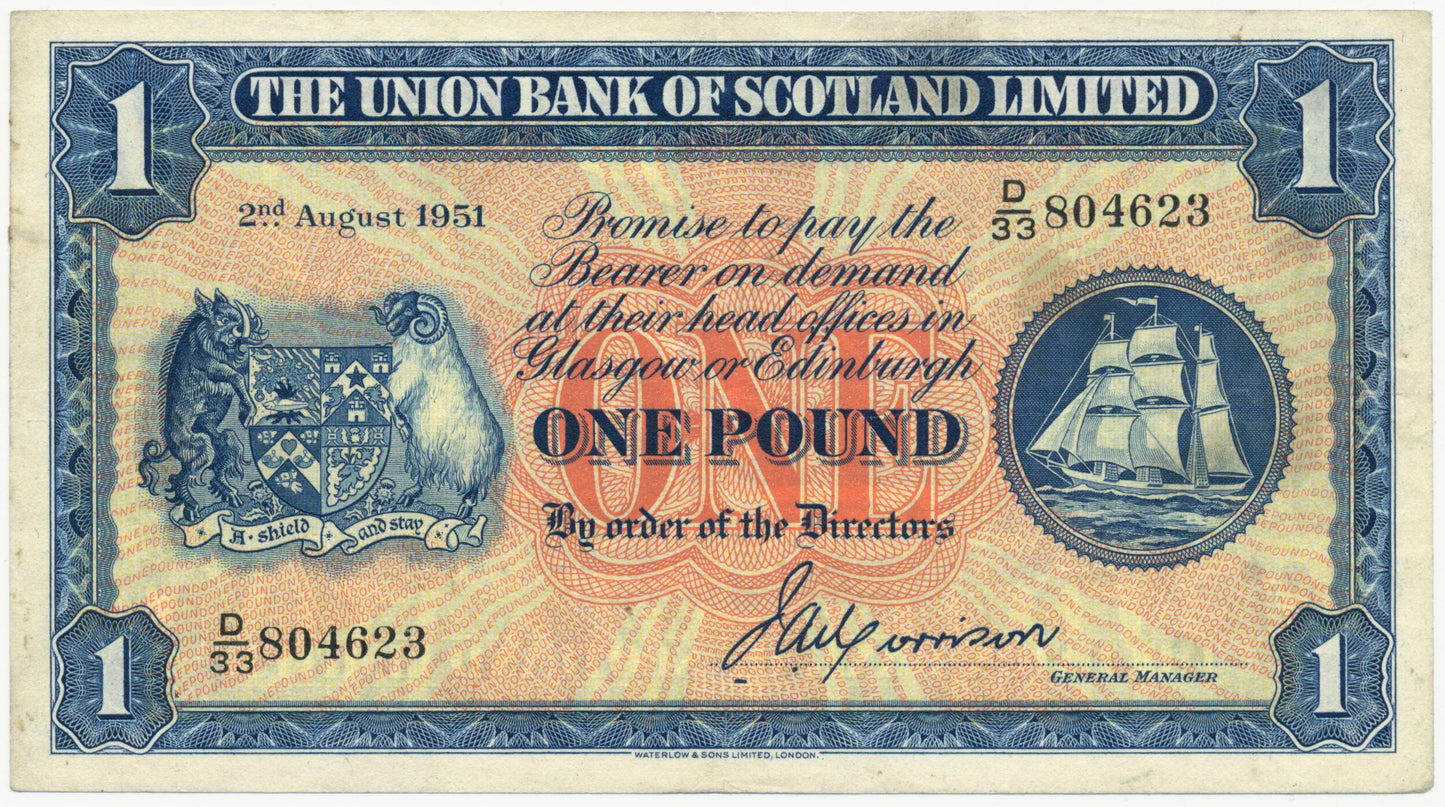 SCOTLAND P.S816a SC904a 1951 Union Bank of Scotland £1 GEF D/33