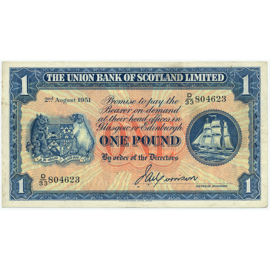 SCOTLAND P.S816a SC904a 1951 Union Bank of Scotland £1 GEF D/33