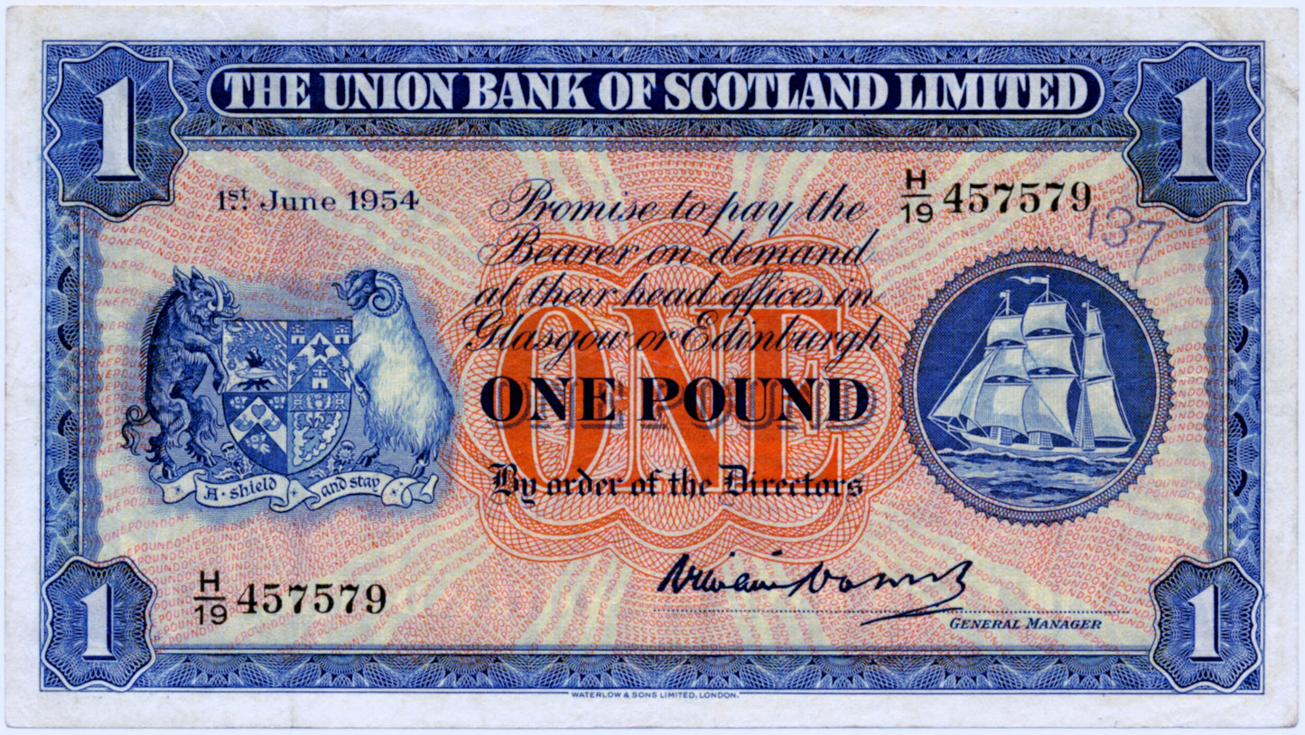 SCOTLAND P.S816b SC904b 1954 Union Bank of Scotland £1 GVF H/19