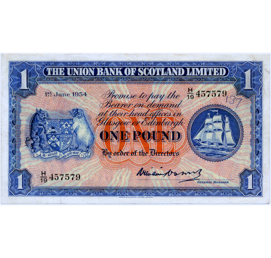 SCOTLAND P.S816b SC904b 1954 Union Bank of Scotland £1 GVF H/19