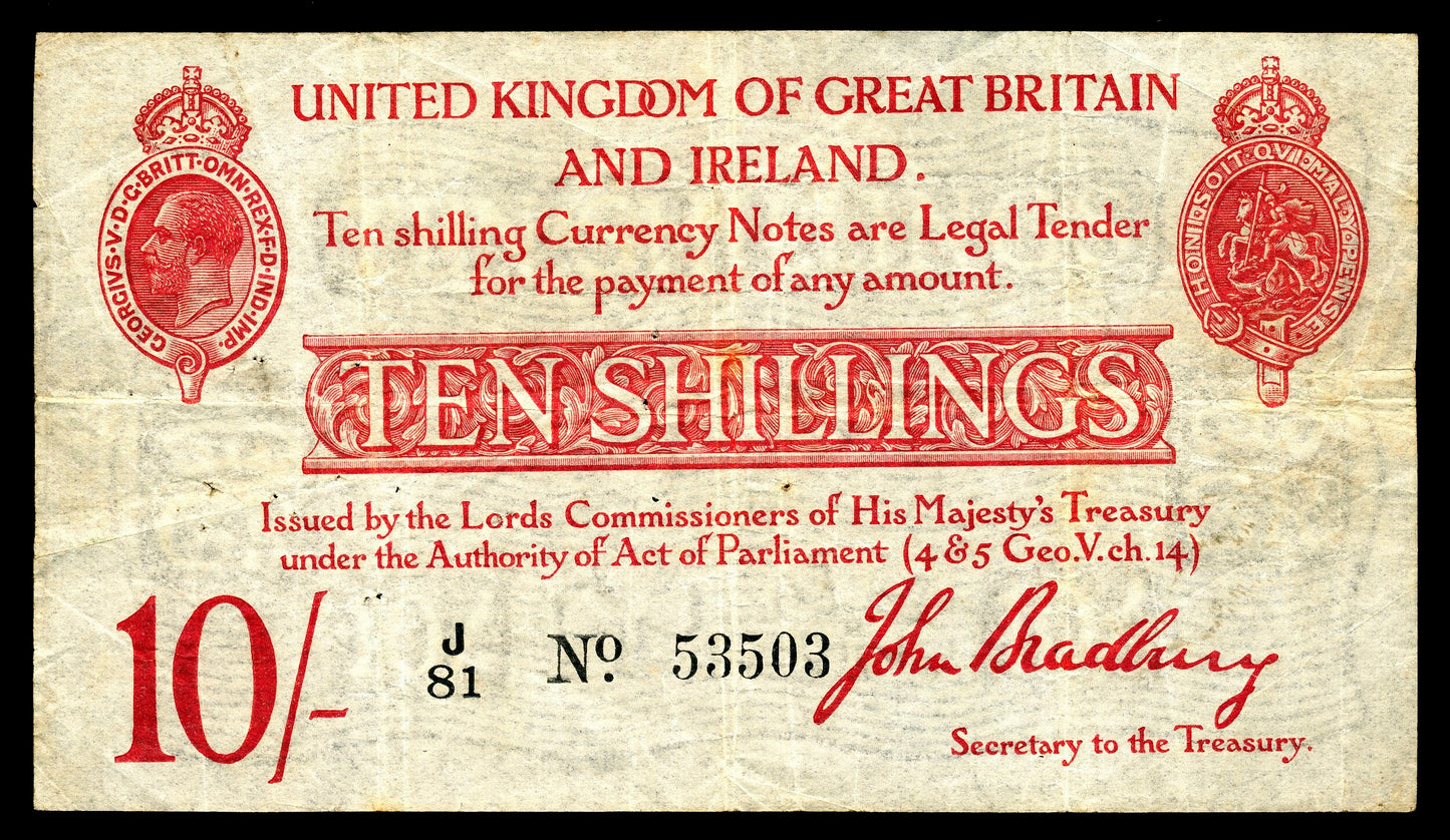 ENGLAND P.348a T12.1 1915 HM Treasury Bradbury 10s F J/81