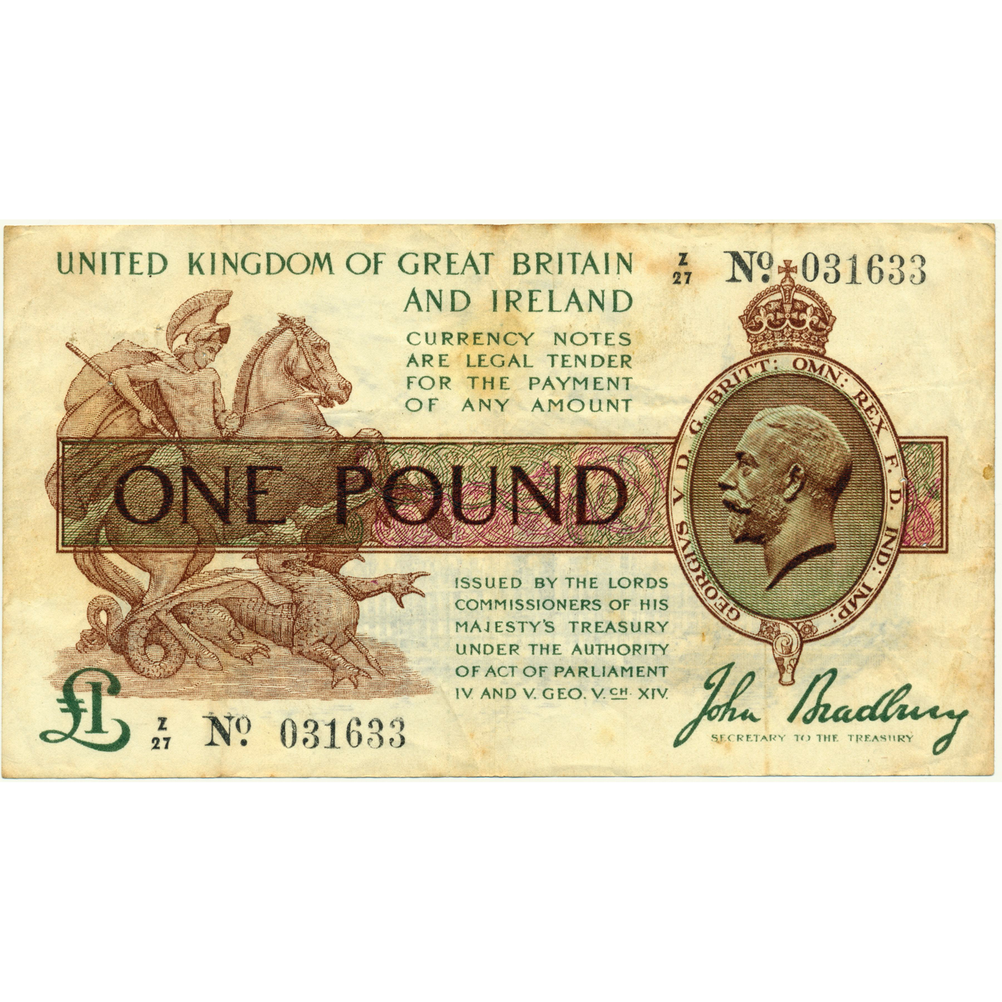 ENGLAND P.351 T16.3 1917 HM Treasury Bradbury £1 GF Z27