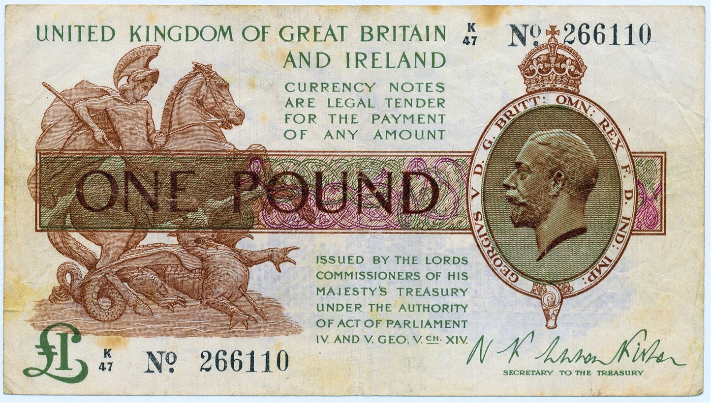 ENGLAND P.357 T24.1 1919 HM Treasury Fisher £1 AVF K47