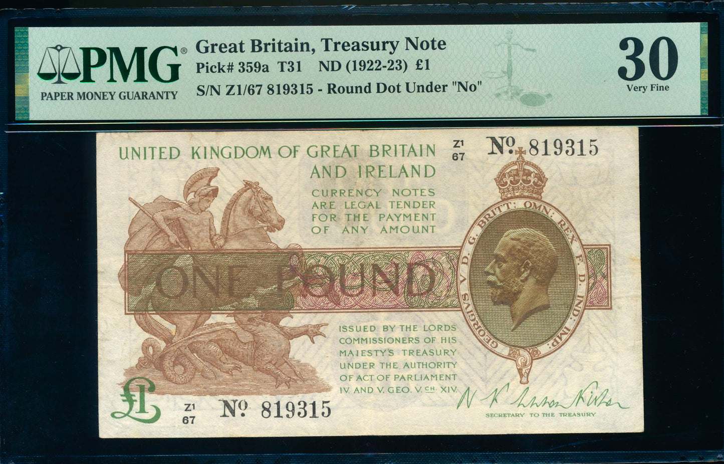 ENGLAND P.359a T31.3 1923 HM Treasury Fisher £1 Control note Z(1)67 VF 30
