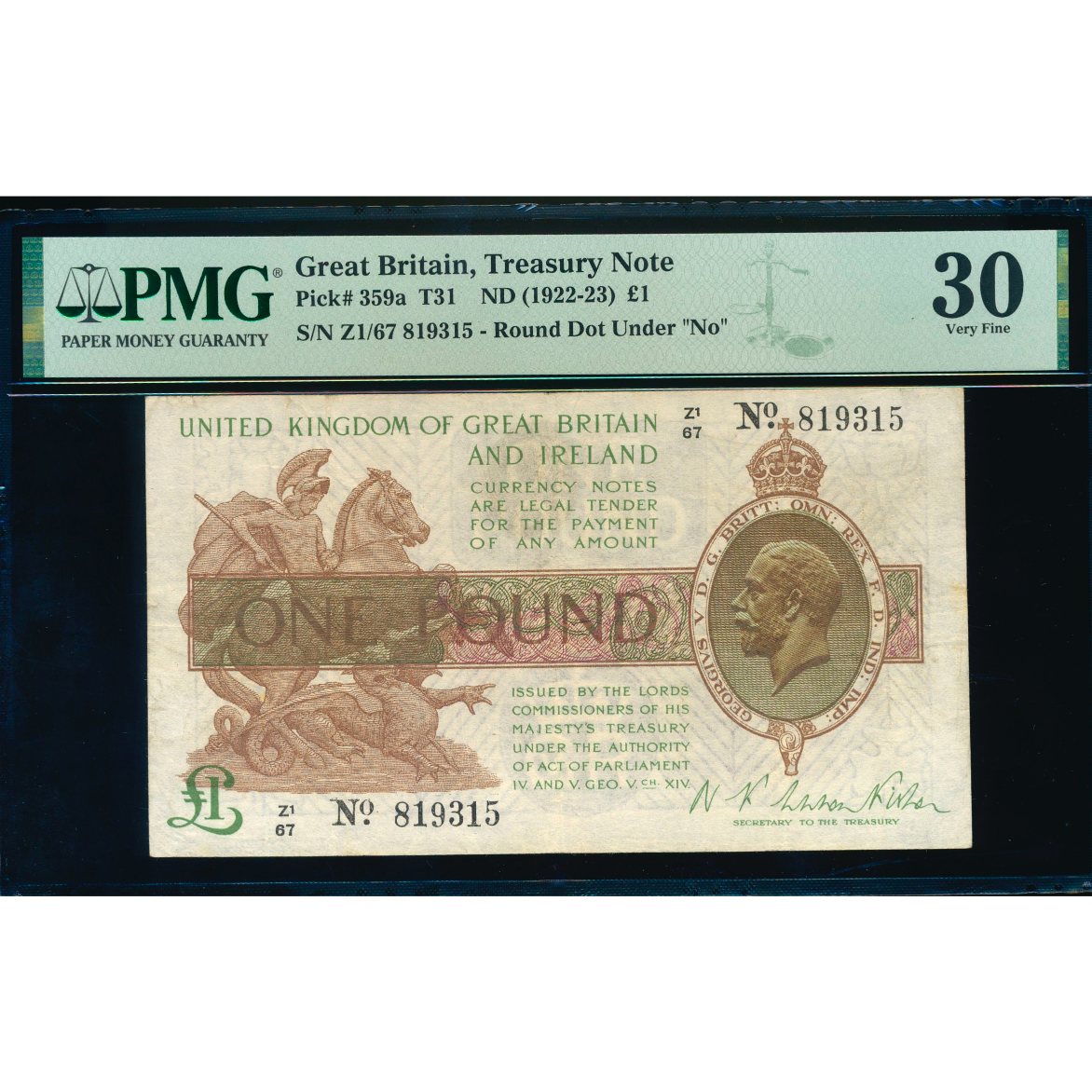 ENGLAND P.359a T31.3 1923 HM Treasury Fisher £1 Control note Z(1)67 VF 30