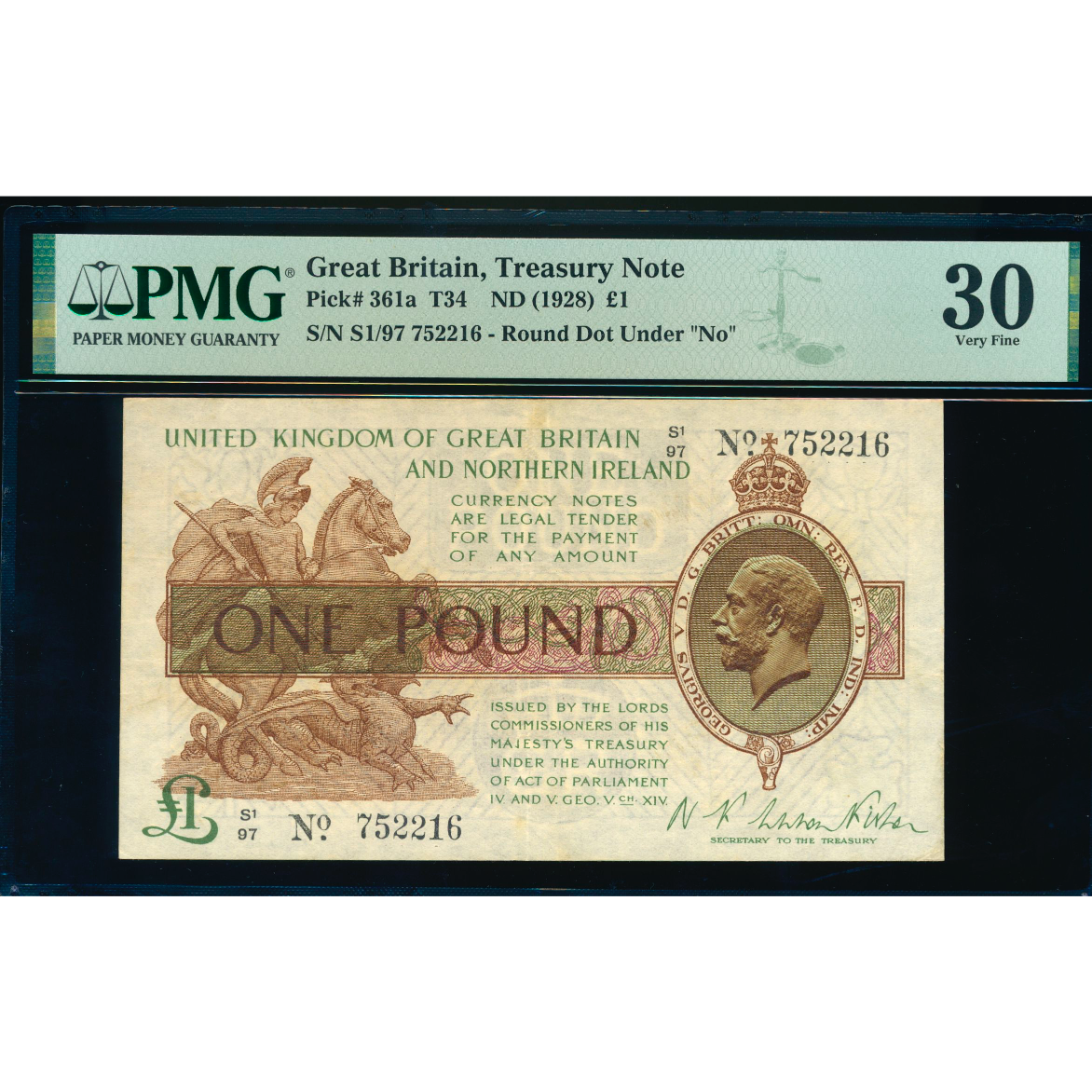 ENGLAND P.361b T35.4 1927 HM Treasury Fisher £1 S1 VF 30