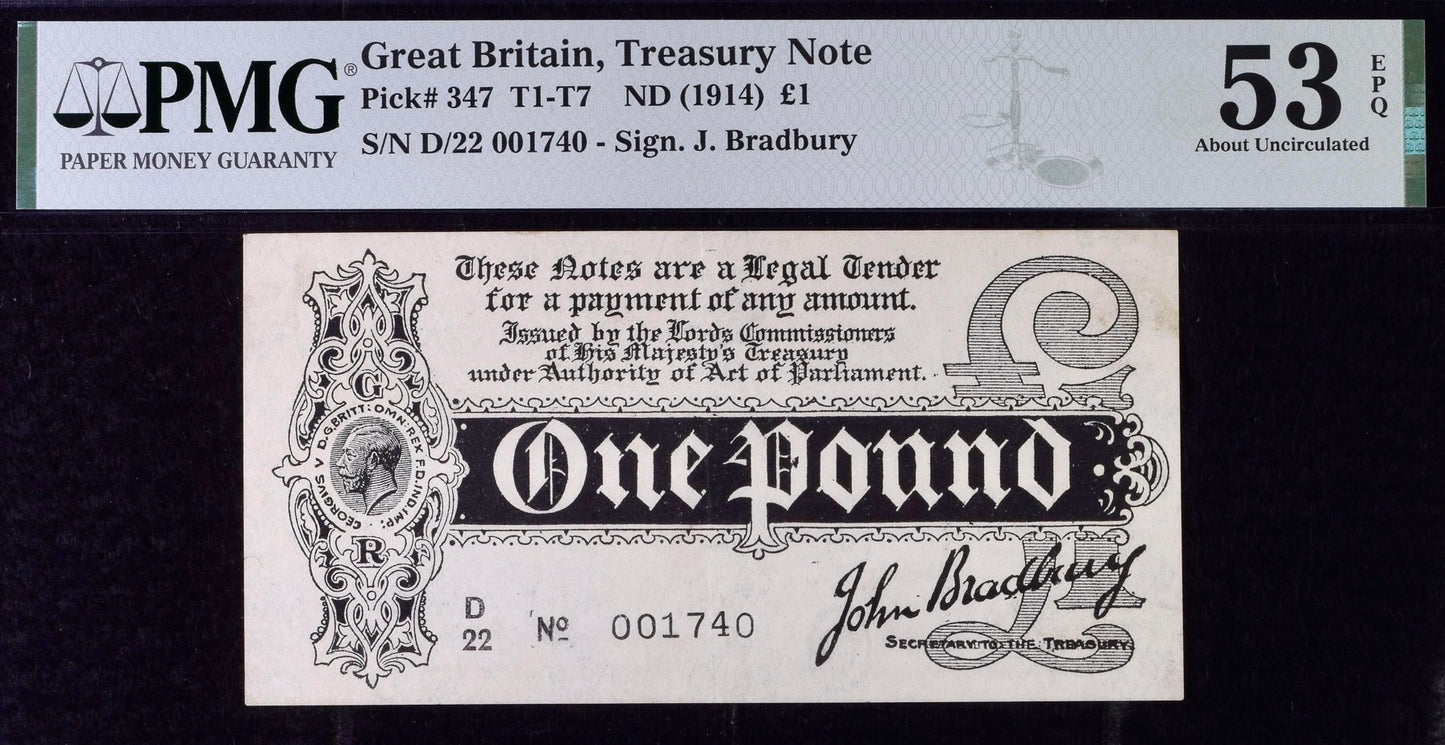 ENGLAND P.347 T5.3 1914 HM Treasury Bradbury £1 D/22 AUNC 53 EPQ