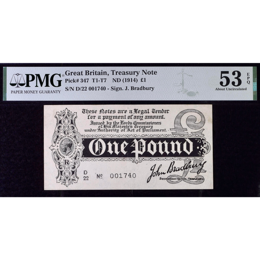 P.347 T5.3 1914 HM Treasury Bradbury £1 D/22 AUNC 53 EPQ