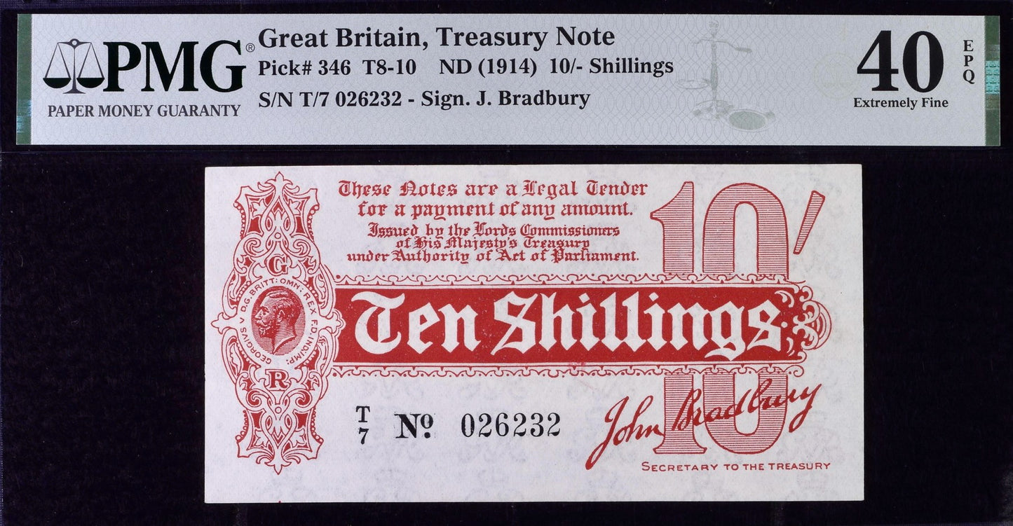 ENGLAND P.346 T8 1914 HM Treasury Bradbury 10s T/7 EF 40 EPQ