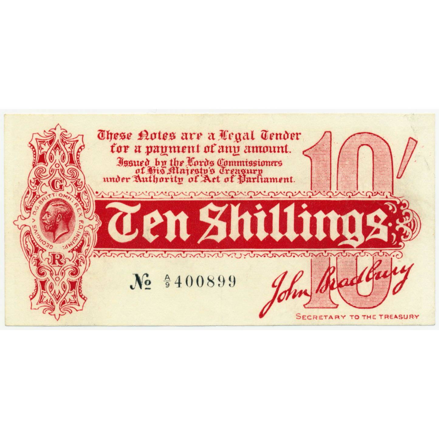 ENGLAND P.346 T9 1914 HM Treasury 1914 Bradbury 10s GVF A/9
