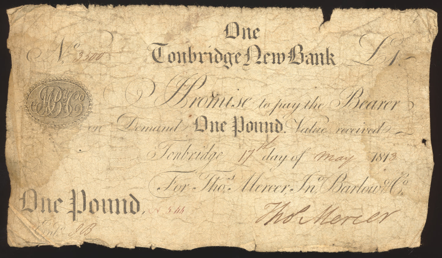 Tonbridge New Bank 1813 £1 banknote NF Outing 2180a