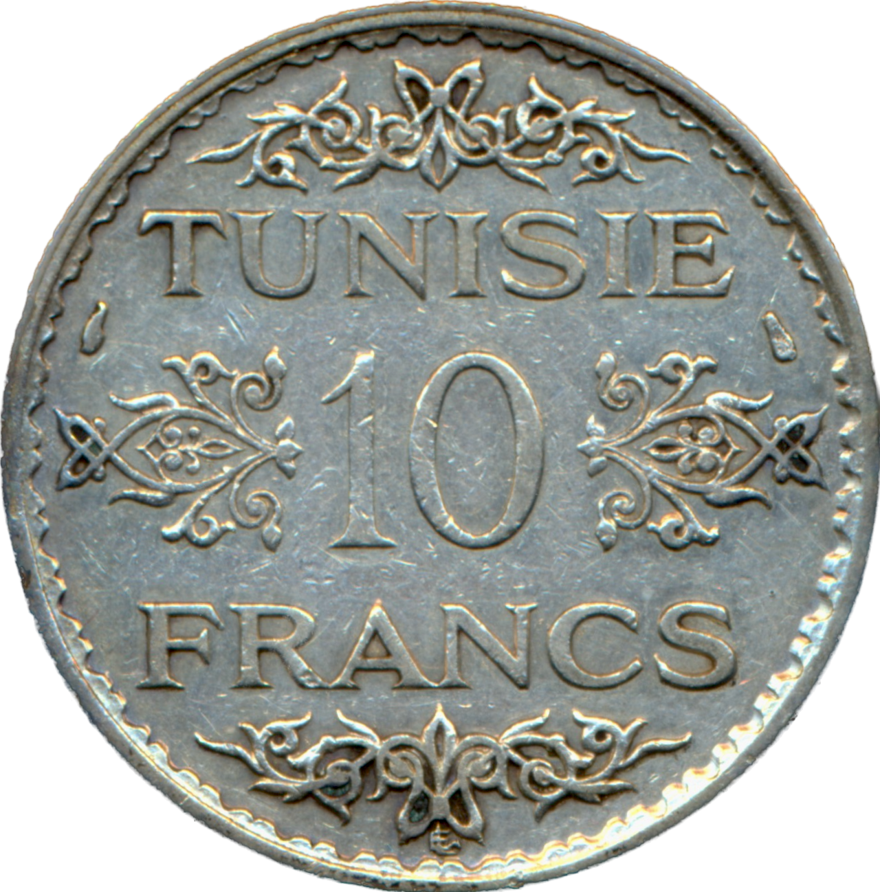 Tunisia KM262 1934 Silver 10 Francs NEF