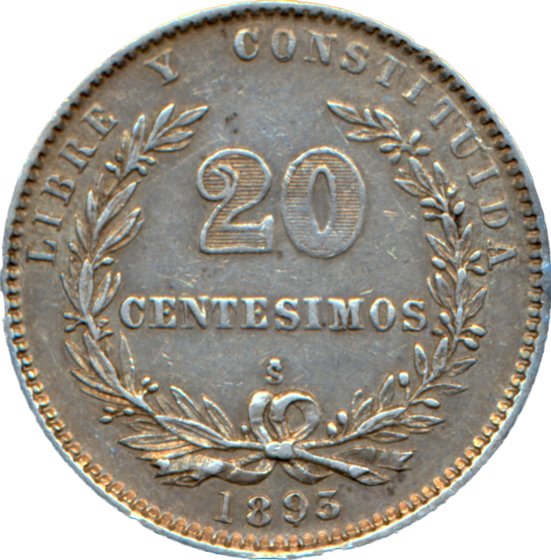 Uruguay KM15 1893 Silver 20 Centisimo GVF