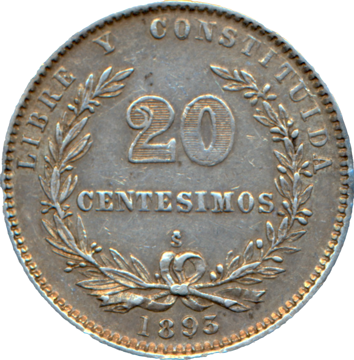 Uruguay KM15 1893 Silver 20 Centisimo GVF
