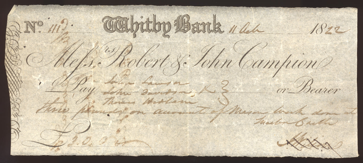 Whitby Bank 1822 £3 cheque VF Outing 2343a for style