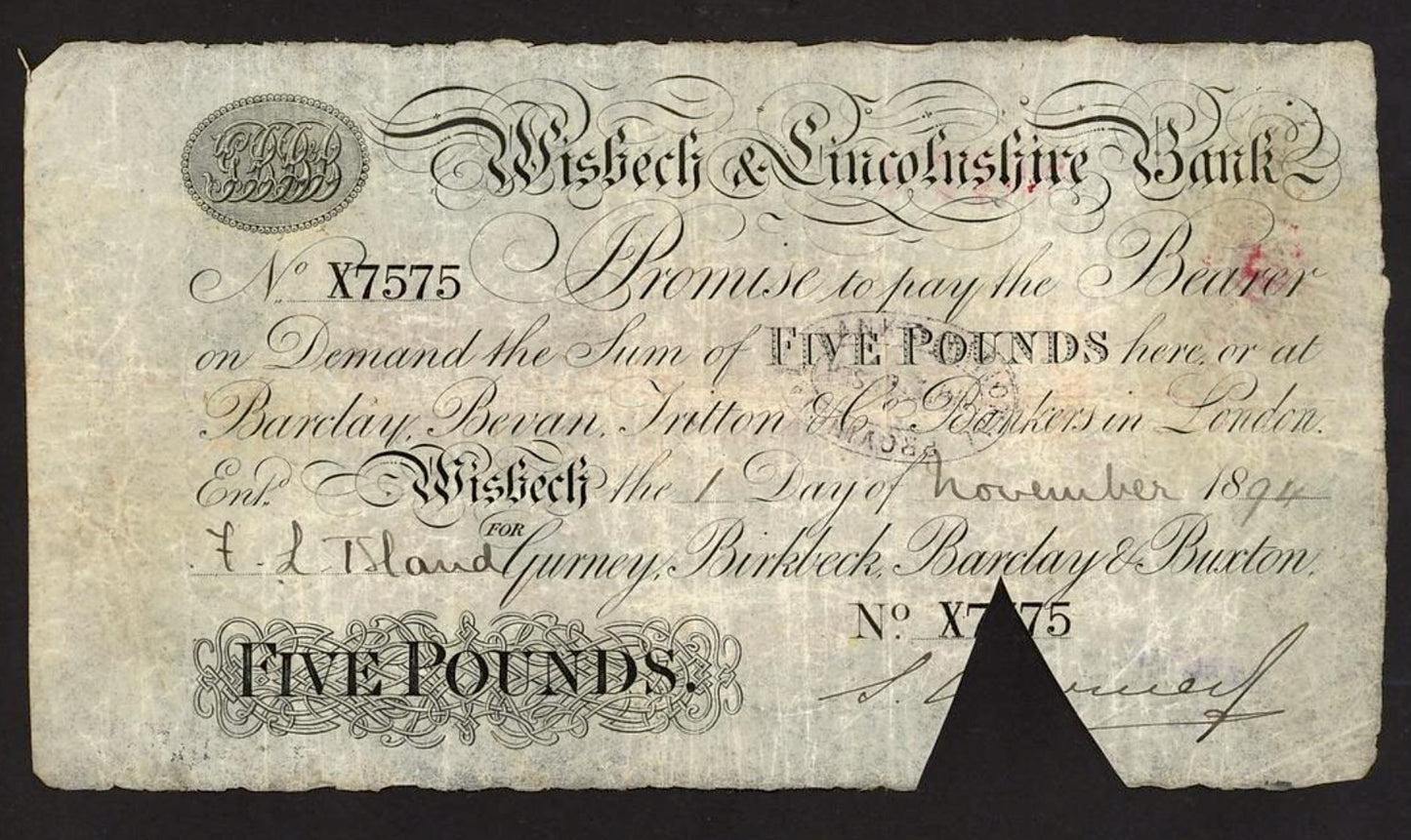 Wisbech & Lincolnshire Bank 1894 £5 banknote F Outing 2382y