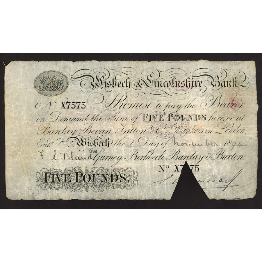 Wisbech & Lincolnshire Bank 1894 £5 banknote F Outing 2382y